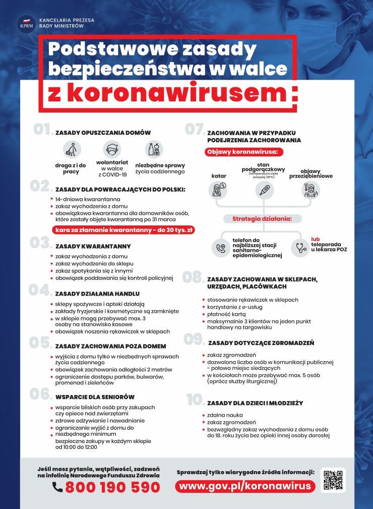 Plakat z treścią zasad walki z koronawirusem
