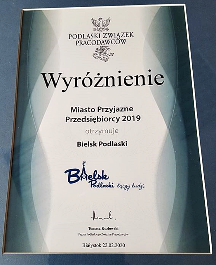 Dyplom dla Miasta Bielsk Podlaski z gratulacjami