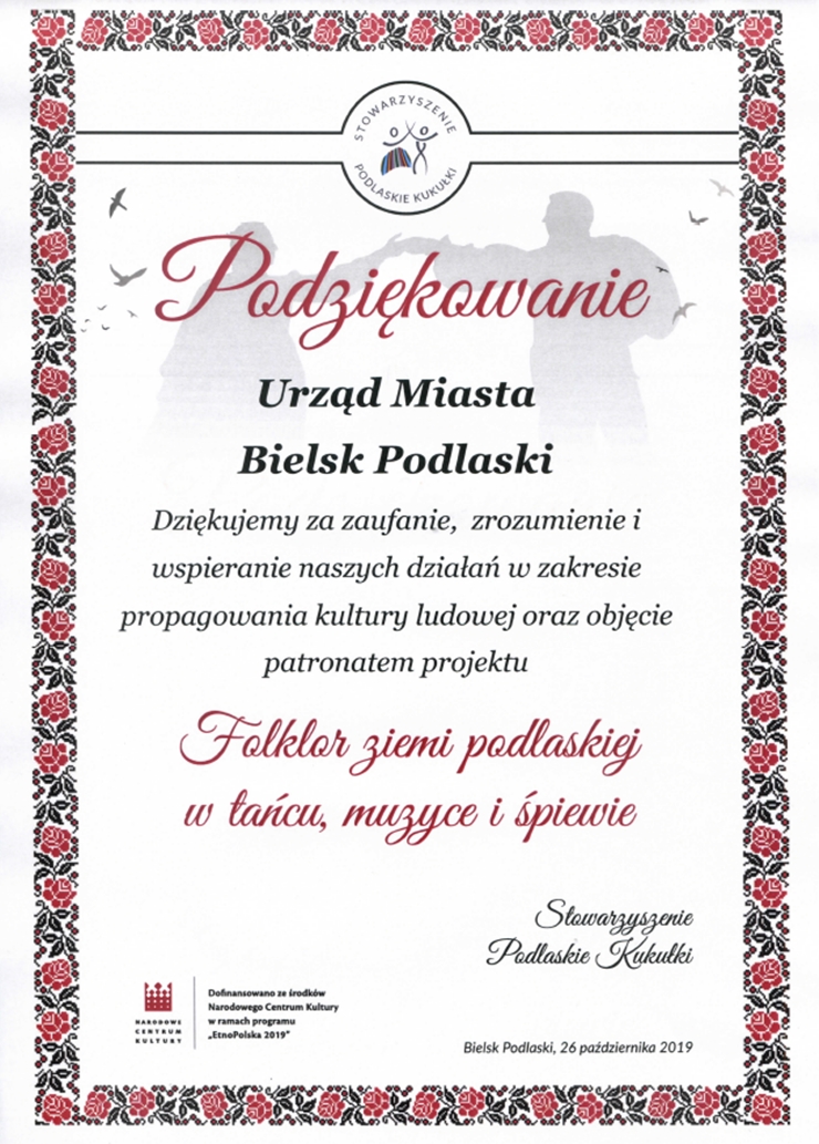 Pamiątkowy dyplom z podziękowaniami dla Urzędu Miasta Bielsk Podlaski