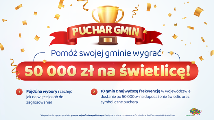 logo puchar gmin ze złotym pucharem i białym napisem na czerwonej szarfi