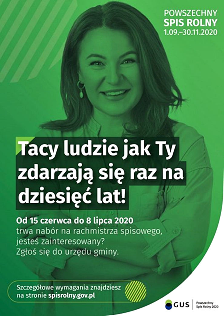 zielony plakat z twarzą kobiety i informacją o spisie