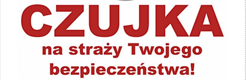 Ilustracja przedstawia widok białej czujki na białym tle i czerwony napis "czujka na straży twojego bezpieczeństwa!"