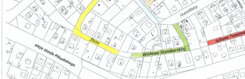 Fragment mapy miasta z nowymi nazwami ulic
