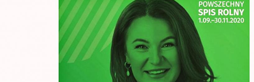 zielony plakat z twarzą kobiety i informacją o spisie