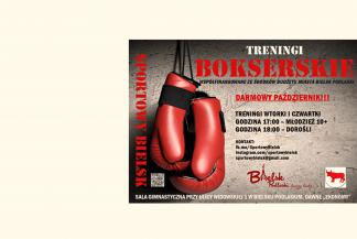 Na zdjęciu: plakat przedstawiający czerwone rękawice bokserskie na tle szarej ściany i napisy z treścią ogłoszenia