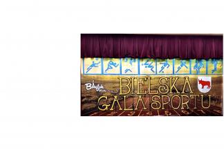 Ilustracja przedstawia zółty napis: "Bielska Gala Sportu", logotyp "Bielsk Podlaski łączy ludzi" i herb miasta Bielsk Podlaski oraz znaki symbolizujące rózne dyscypliny sportowe