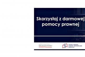 biały napis na niebieskim tle o treści "skorzystaj z damowej pomocy prawnej"