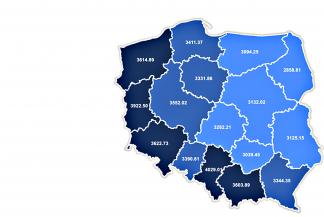 Na zdjęciu: mapa Polski z podziałem na województwa, w niebielskim kolorze, pokazująca średnie stawki opłat komunalnych.
