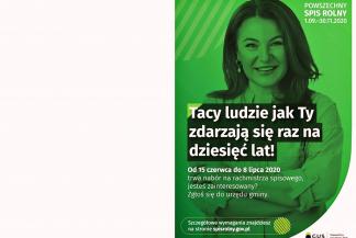 zielony plakat z twarzą kobiety i informacją o spisie